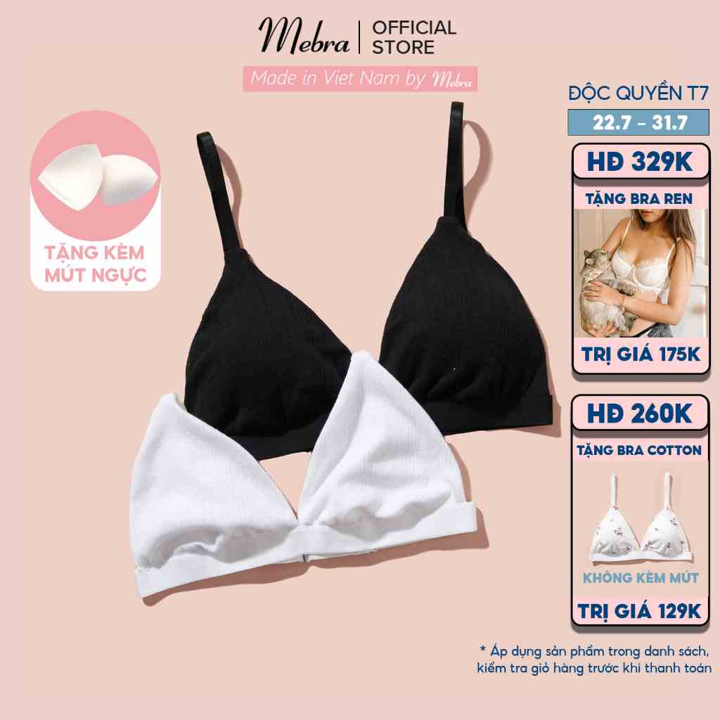 Áo lót bralette nữ mùa hè không gọng cotton mút mỏng có khe nhét mút kháng khuẩn thoáng khí mát mẻ Mebra A008+A027