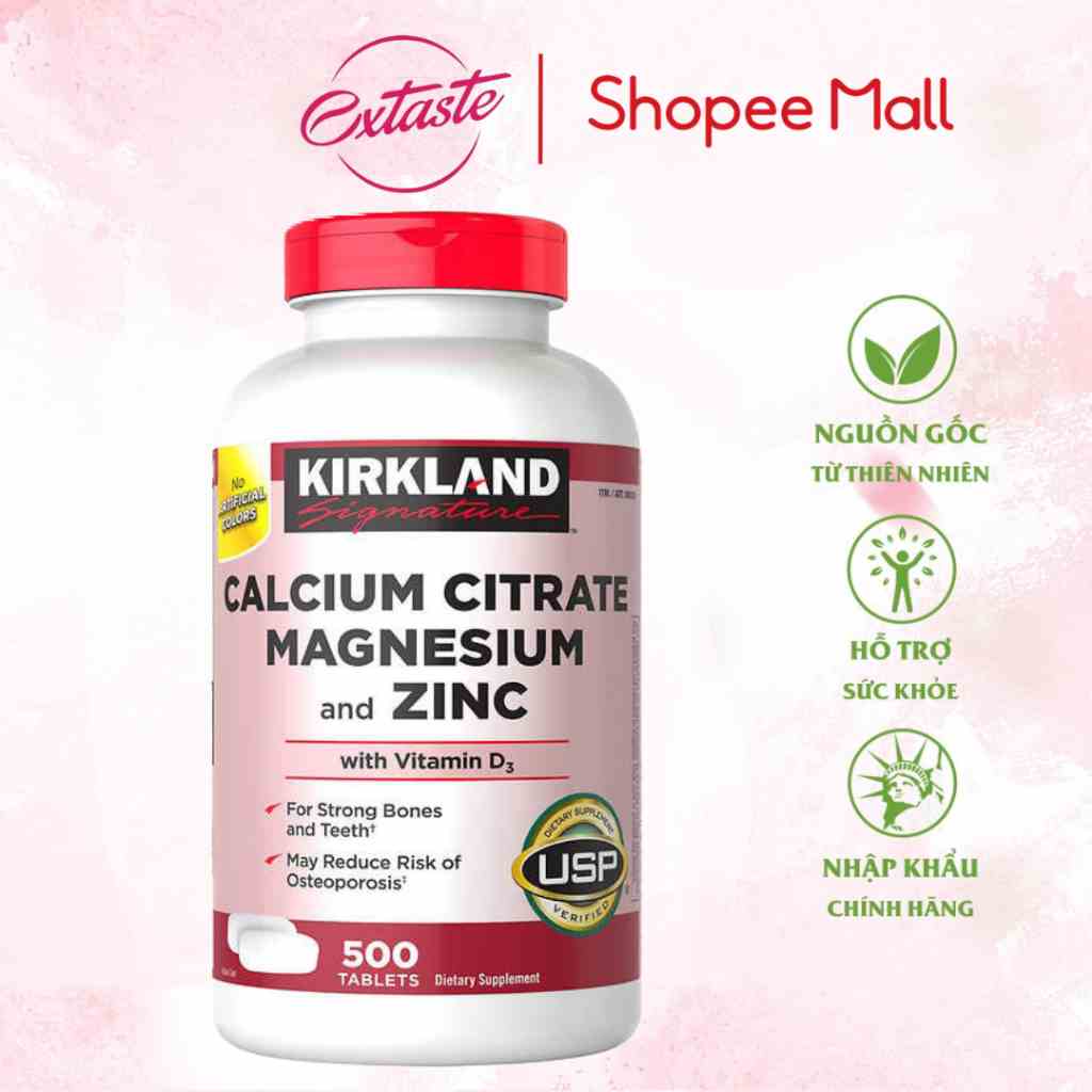 Viên uống hỗ trợ xương chắc khỏe Kirkland Calcium Citrate Magnesium and ZinC (500 viên/ chai) bổ sung canxi kẽm magie