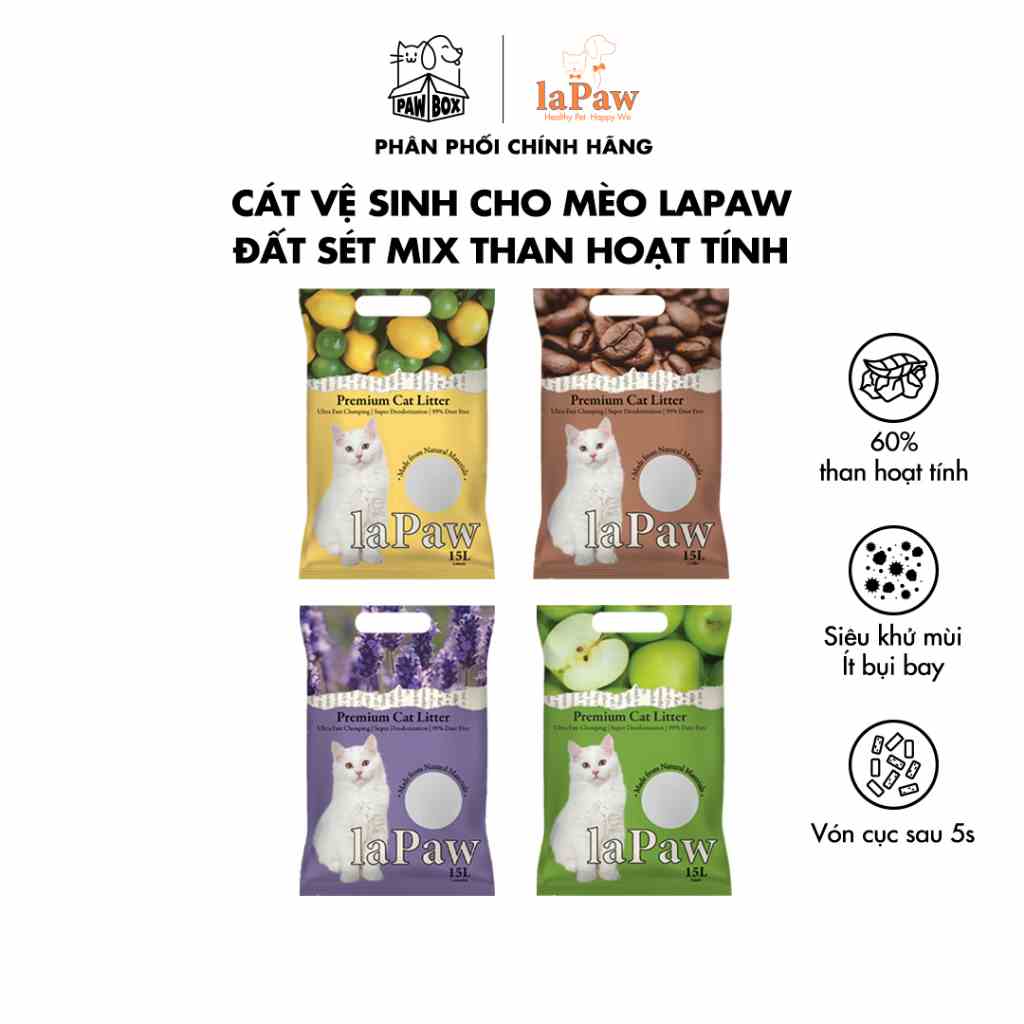 Cát vệ sinh cho mèo laPaw đất sét mix than hoạt tính siêu vón cục, siêu khử mùi, thơm lâu, ít bụi 15L