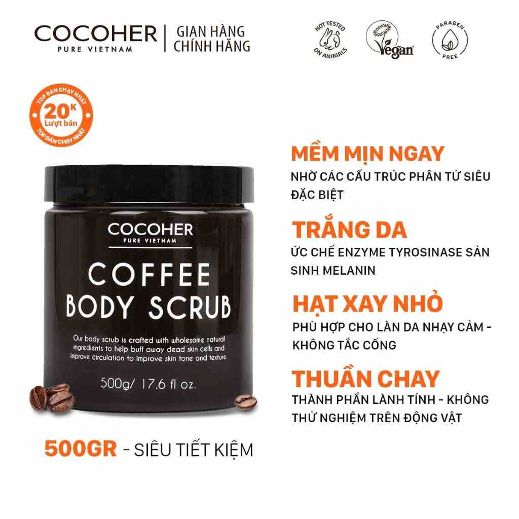 Tẩy tế bào chết trắng da cà phê hữu cơ 500gr COCOHER, Tẩy da chết Cocoher cho làn da mịn màng rạng rỡ