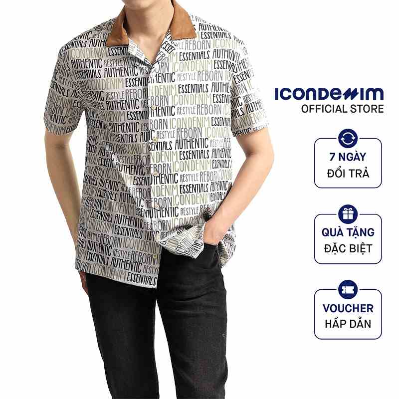 Áo Sơ Mi Nam Cotton Lụa Tay Ngắn ICON DENIM Typo Pattern Trẻ Trung Thoải Mái SMID0011