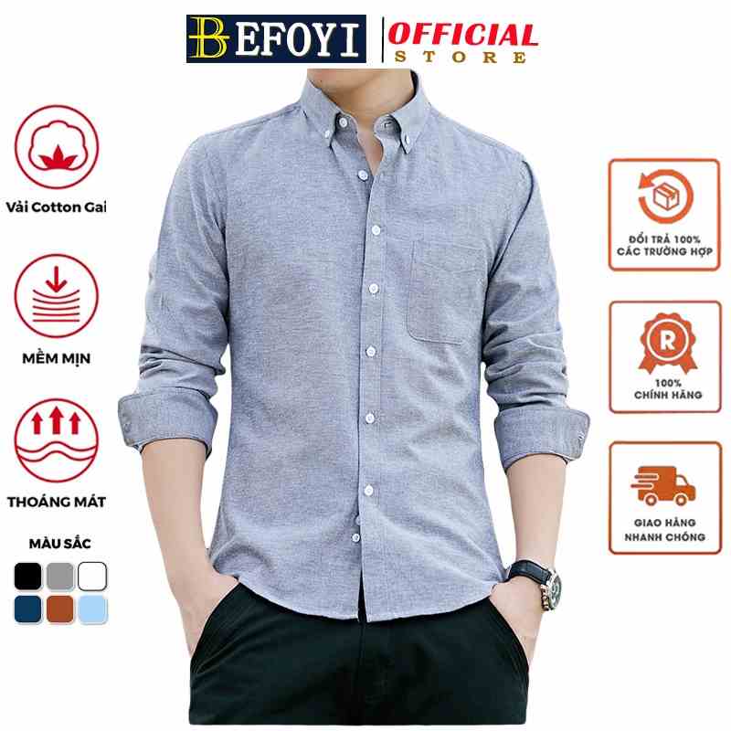 Áo sơ mi BEFOYI trơn tay dài dáng ôm vải cotton phong cách Hàn Quốc cho nam giới cỡ M-5XL