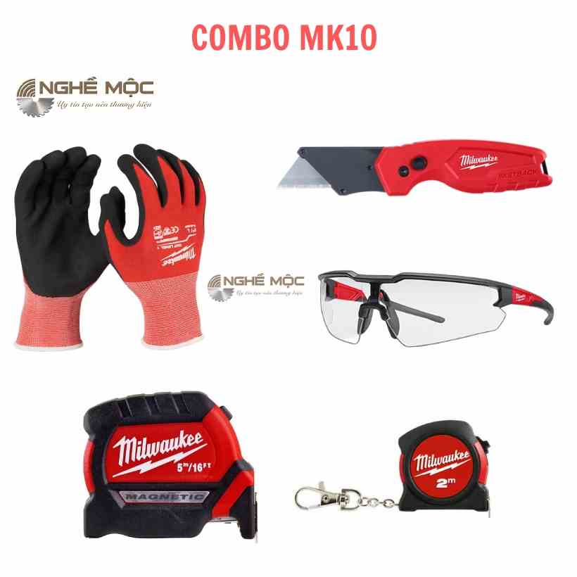 Combo MK10 MILWAUKEE (găng tay L1, thước 2m, 5m, kính, dao)