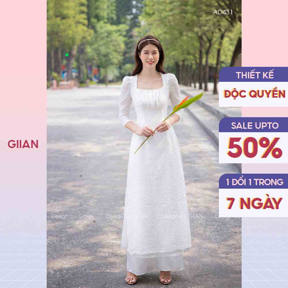 Áo dài cách tân cổ vuông tay thiết kế bồng đính ngọc nhún ly ngực thương hiệu Giian - GAD431