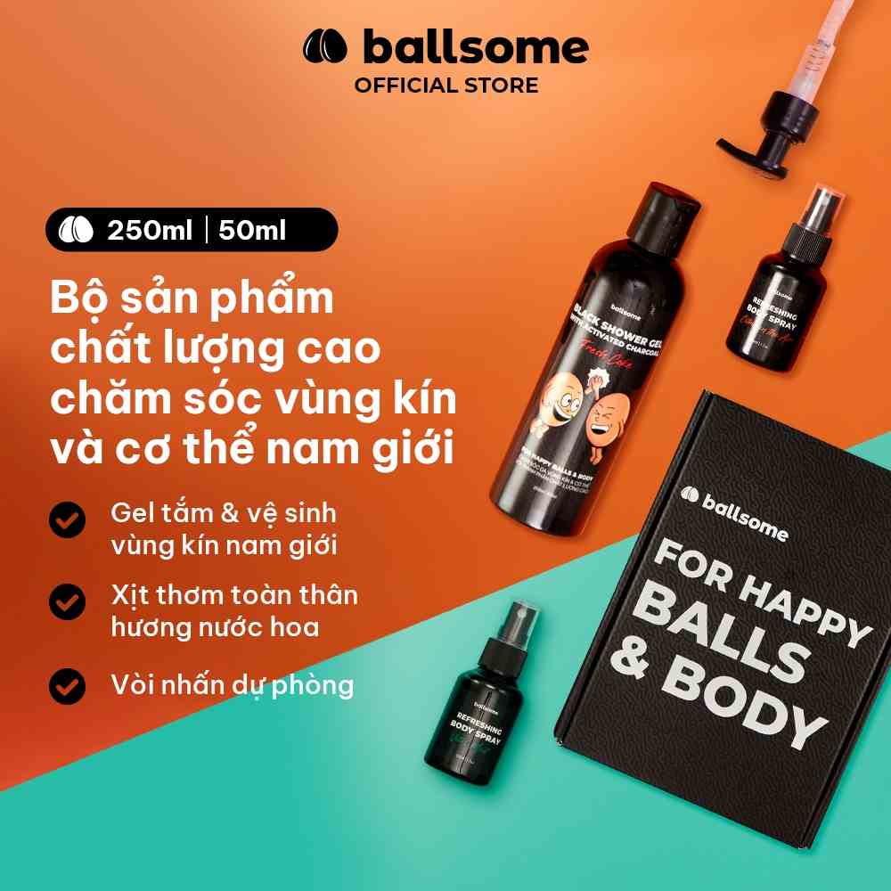 Bộ Quà Tặng Nam Giới FOR HAPPY BALLS & BODY Ballsome - Gel Tắm Than Hoạt Tính & Xịt Thơm Toàn Thân Hương Nước Hoa