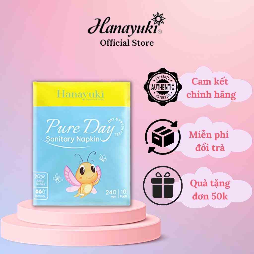 Băng Vệ Sinh Ban Ngày Pure Day Sanitary Napkin Mỏng Nhẹ Siêu Thấm Gói 10 Miếng Có Cánh Size M Hanayuki Chính Hãng