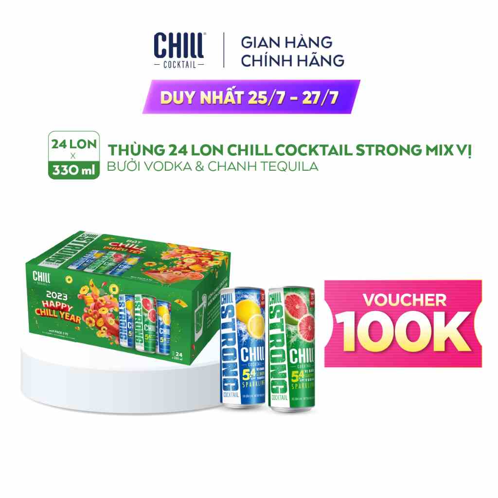 [Voucher 100K] Thùng 24 lon Chill Cocktail Strong mix vị Chanh Tequila & Bưởi Vodka (330ml/lon)