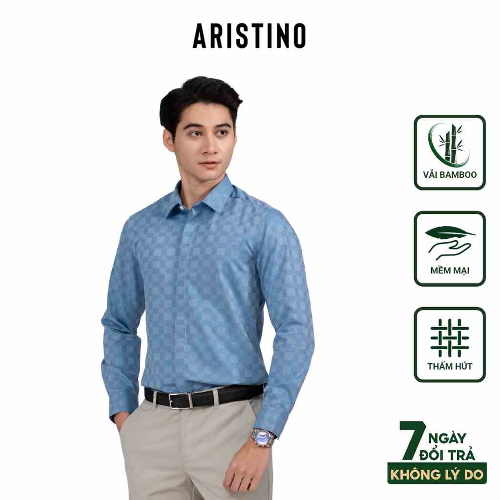 Áo sơ mi nam dài tay ARISTINO dáng Slim fit ôm vừa, vải bamboo họa tiết xanh biển dệt độc đáo - ALS07902