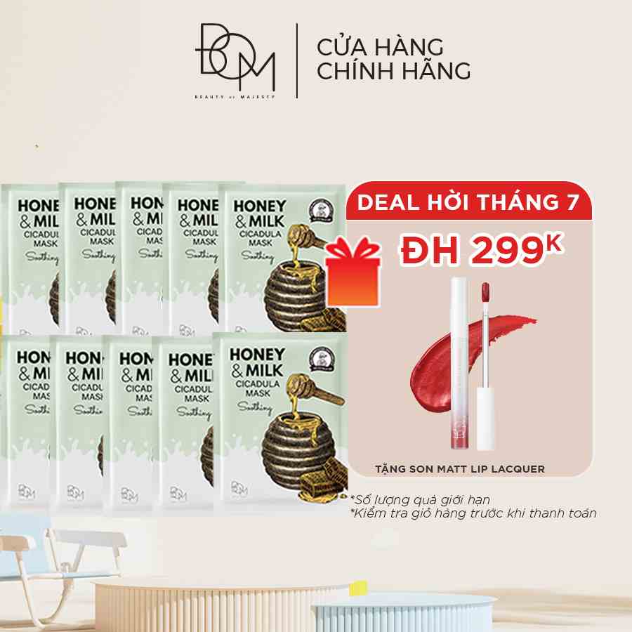 Combo 10 miếng mặt nạ BOM Honey & Milk Soothing Cicadula Mask Mặt Nạ Làm Dịu và Dưỡng Da Mềm Mại 25g