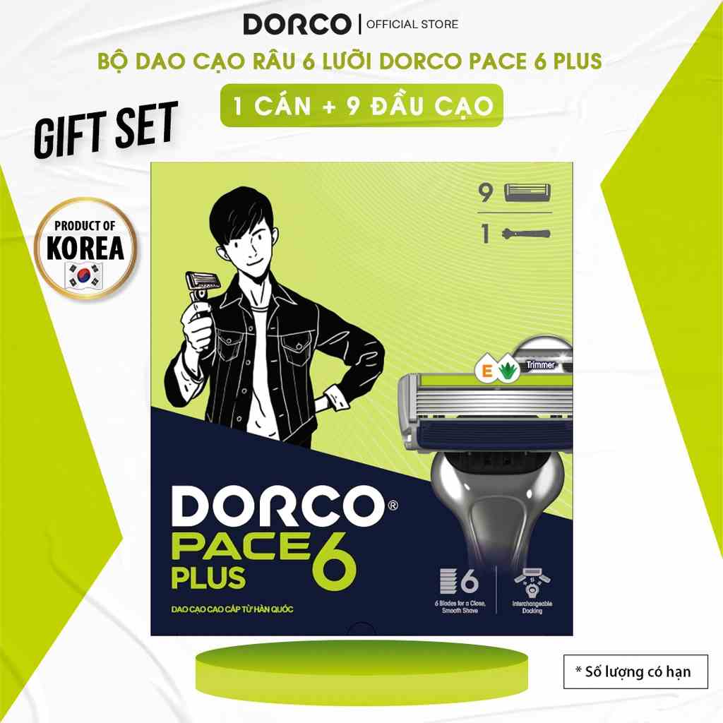 [Mã BMLTB35 giảm đến 35K đơn 99K] Bộ Dao Cạo Râu 6 Lưỡi Dorco Pace 6 Plus 1 Cán 9 Đầu Cạo Làm Quà Tặng