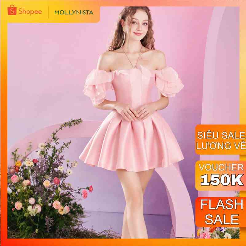 MOLLYNISTA - Đầm trễ vai tay xoắn hoa organza von tơ quyến rũ nữ tính thiết kế cao cấp đi chơi đi tiệc