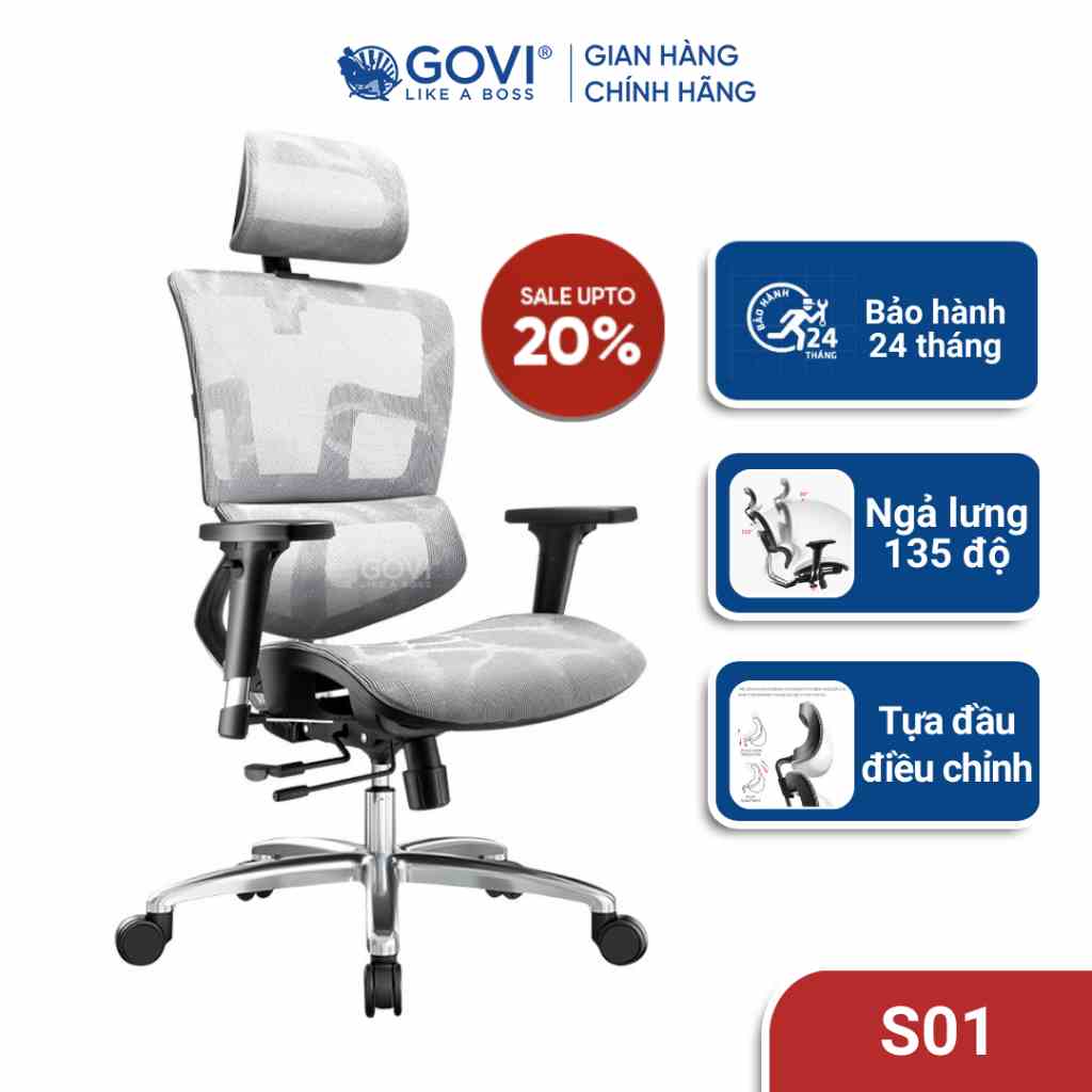 Ghế công thái học Ergonomic GOVI Solid S01 - Chất liệu cao cấp, thiết kế sang trọng, vải lưới nhập khẩu, tựa lưng êm ái