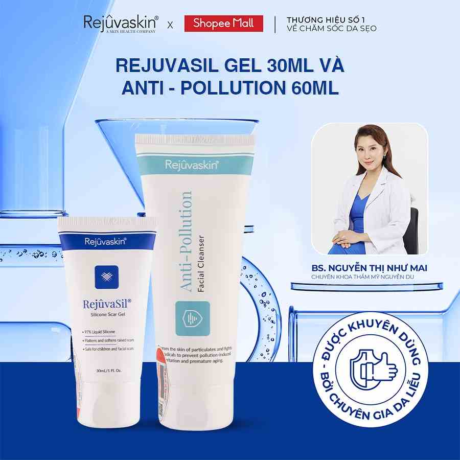 Combo chăm sóc da Rejuvaskin gel ngừa sẹo Silicone Rejuvasil 30ml & sữa rửa mặt Anti Pollution 60ml - DH Beauty