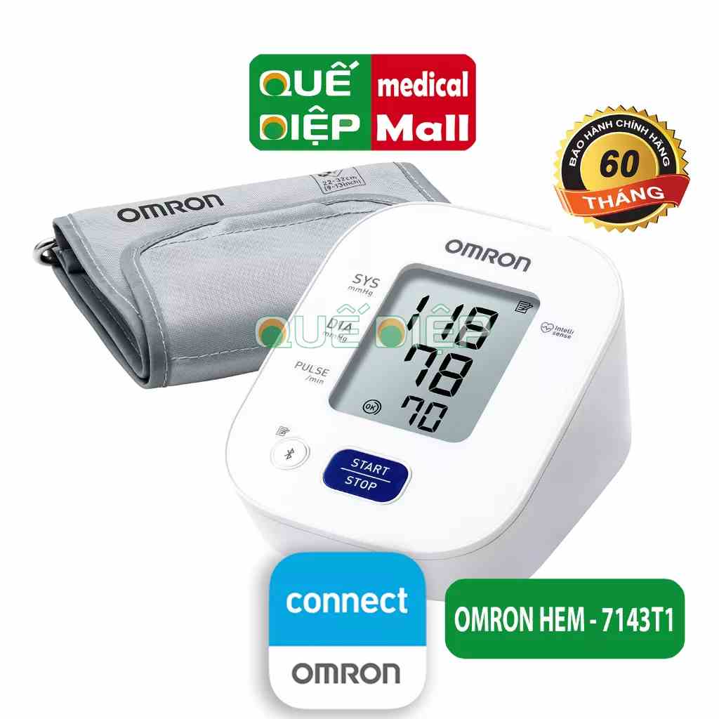 OMRON HEM-7143T1 - Máy đo huyết áp 7143T, bắp tay điện tử, app Bluetooth, cảnh báo rối loạn nhịp tim,30 bộ nhớ 7143 T1