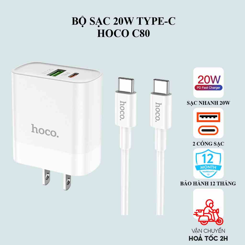 Sạc nhanh samsung Hoco C80 20W có 2 cổng sạc, dây TypeC to TypeC dành cho Android: Samsung, Oppo, Huawei...