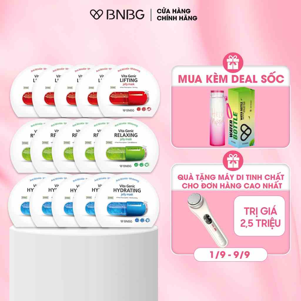 Combo 15 mặt nạ dưỡng da chuyên sâu BNBG Vita Genic Jelly Mask (5 Xanh Lá, 5 Xanh Dương, 5 Đỏ) 30ml x 10