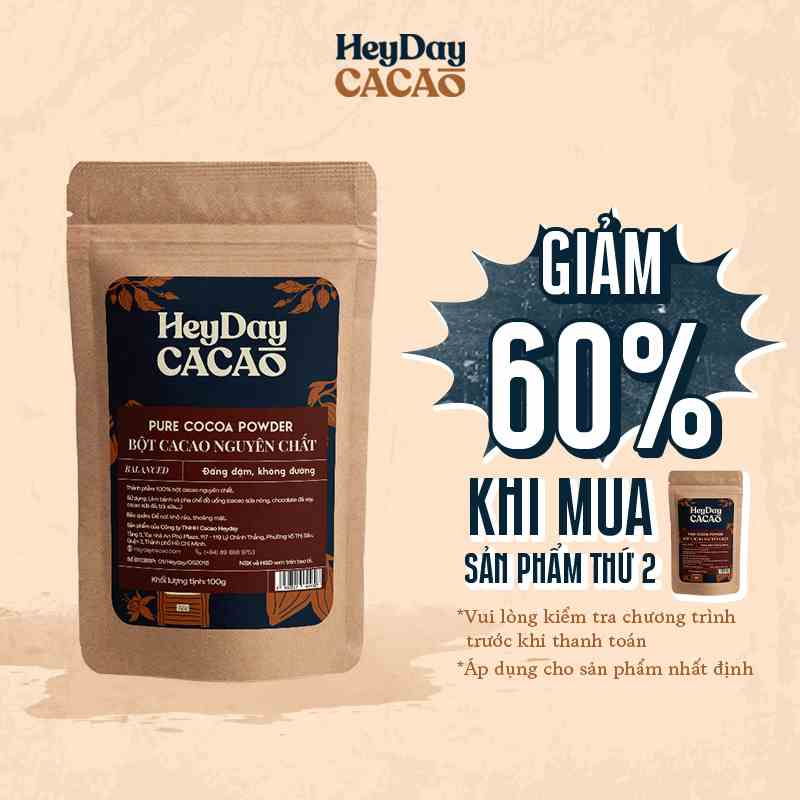 Túi 80g Bột cacao nguyên chất 100% Heyday - Dòng Balanced phổ thông - Chuẩn UTZ Quốc Tế