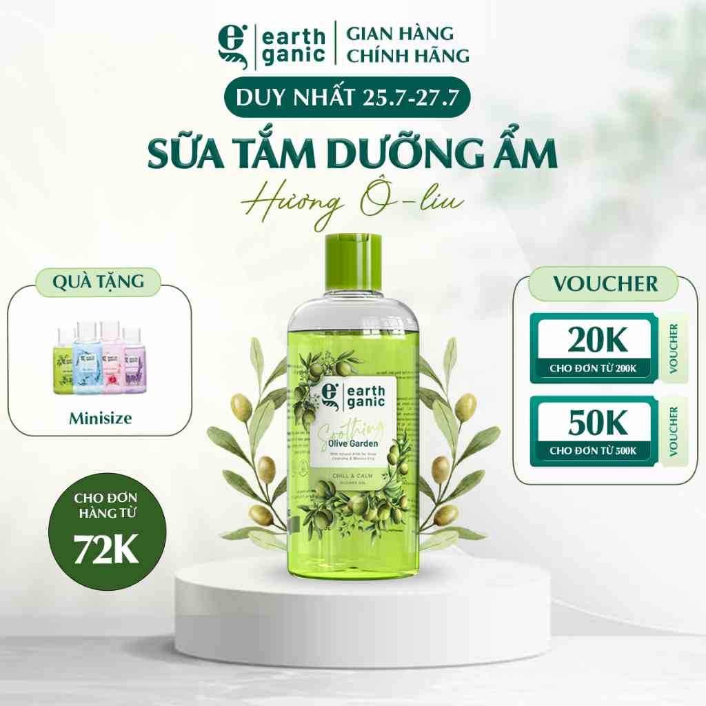 Sữa tắm dưỡng ẩm trắng da Earthganic Hương Olive AHA trắng da thơm lâu, thành phần thiên nhiên