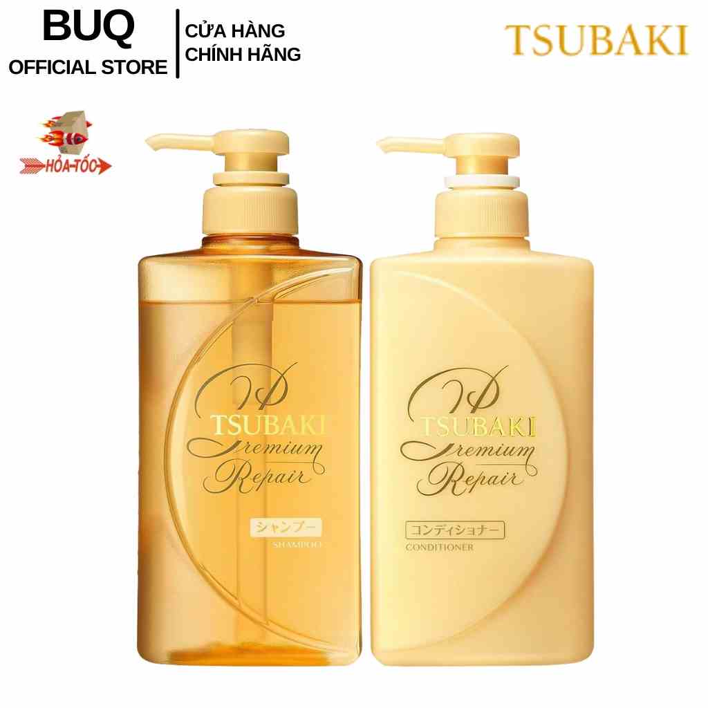 Bộ Đôi Gội Xả Phục Hồi Hư Tổn Tóc Premium Repair Tsubaki Màu Vàng 490ml/Chai