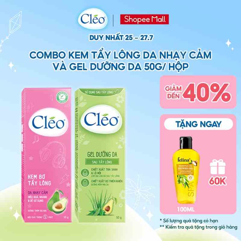 Combo kem tẩy lông Cléo Cho da nhạy cảm 50gr + Gel dưỡng da sau tẩy lông Cléo làm dịu da tức thì và dưỡng da ẩm mượt