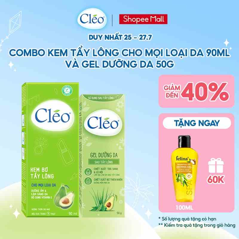 Bộ đôi Lotion Kem Tẩy Lông Cléo dạng sữa Avocado 90ml + Gel Dưỡng Da Sau Tẩy Lông Cleo 50g