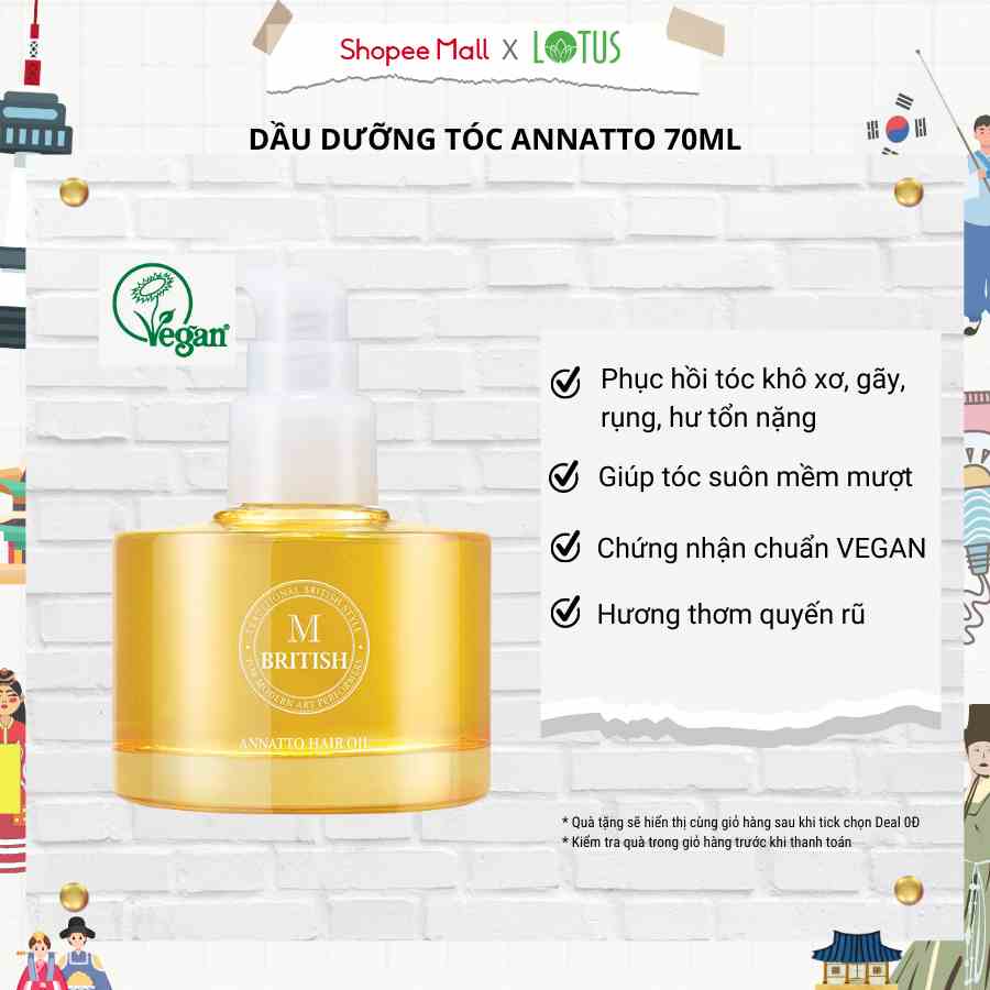 Dầu dưỡng tóc cao cấp Hàn Quốc BRITISH M Annatto Hair Oil phục hồi tóc hư tổn 70ml