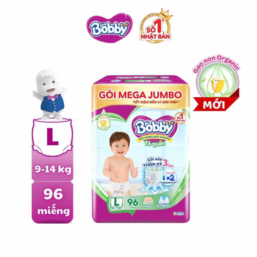 [MỚI] Tã quần Bobby Lõi nén thần kỳ 3mm Gạo non Mega Jumbo M112/L96/XL84/XXL76