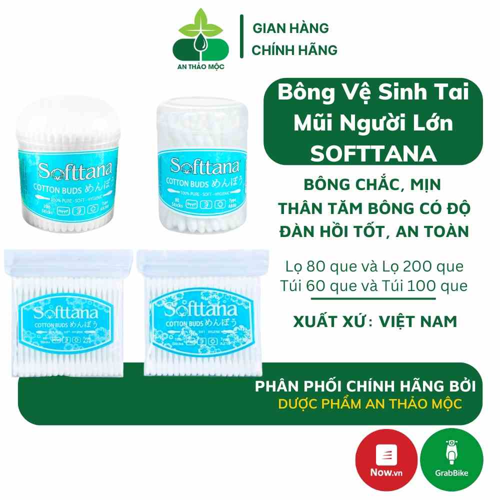 Bông vệ sinh tai mũi người lớn Tanaphar Softana thiết kế nhỏ gọn 100% bông xơ tự nhiên an toàn tiện dụng