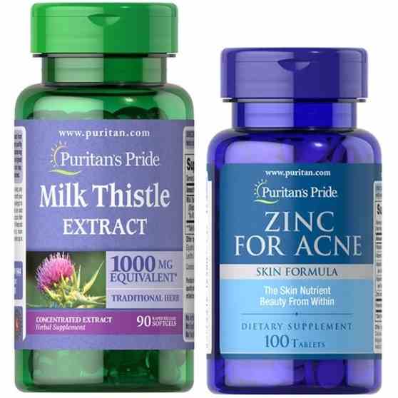 Combo thải độc mát gan sạch mụn ngừa nóng trong Puritans Pride-Zinc for acne 100v Milk thistle 100mg 90v