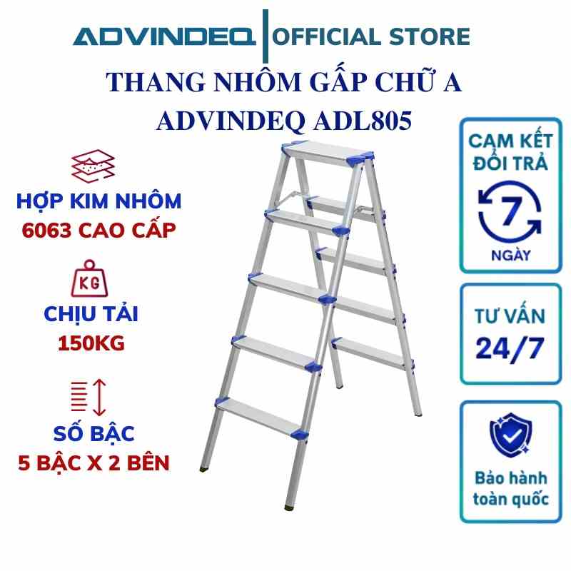 Thang nhôm gấp nhập khẩu ADVINDEQ ADL805 Thang nhôm chữ A - Bậc thông minh - Tải trọng 150kg - Bảo hành toàn quốc