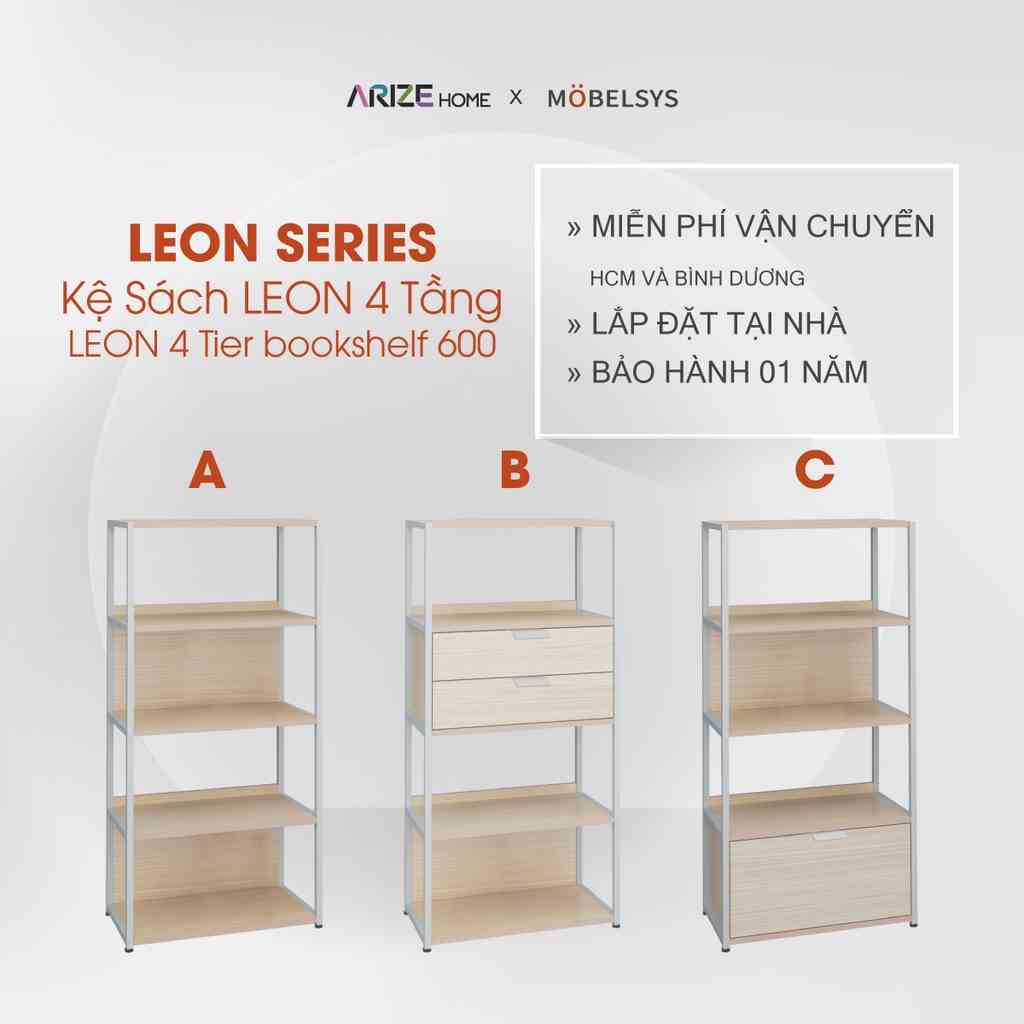 [Mã BMLTB200 giảm đến 100K đơn 499K] Kệ Sách Gỗ Có Khung Kim Loại ARIZE Mobelsys Leon 4 Tầng 600*1308