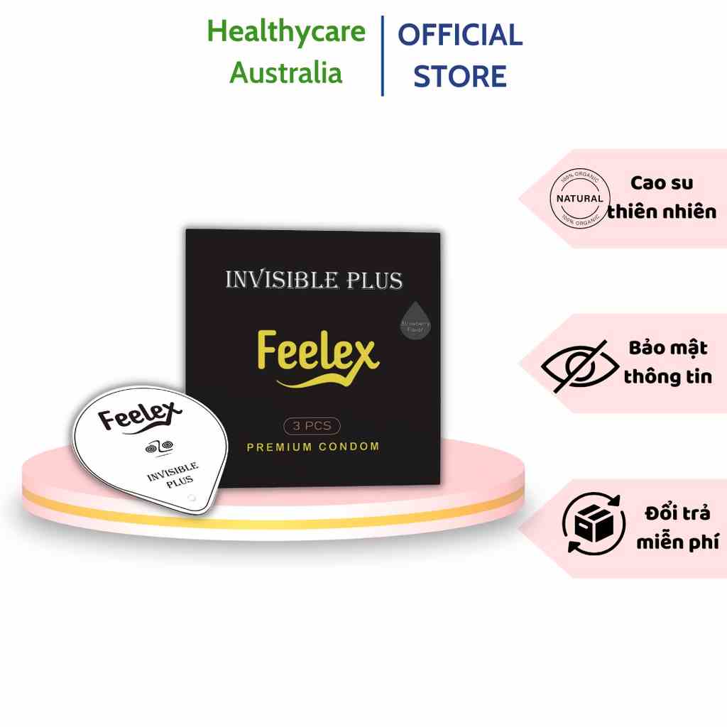 Bao cao su Feelex Invisible Plus, mỏng, nhiều gel bôi trơn, hương dâu, hộp 03 bcs