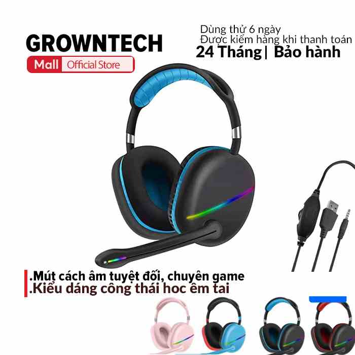 Tai nghe vi tính chụp tai gaming GrownTech AK 025 đèn led đa nhiệm,mic đàm thoại,nút chỉnh âm lượng bass lớn chuẩn âm