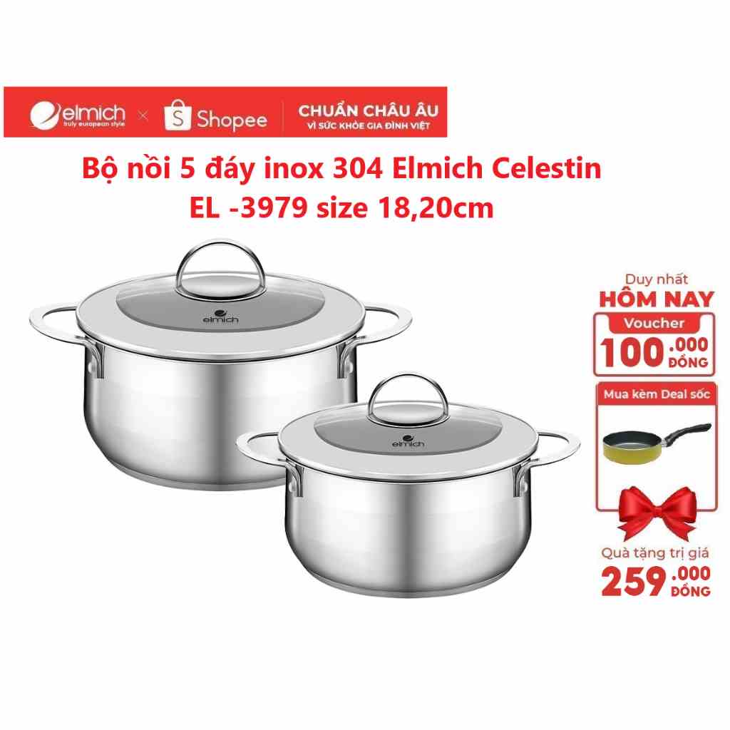 Bộ nồi 5 đáy inox 304 Elmich Celestin EL -3979 size 18,20cm