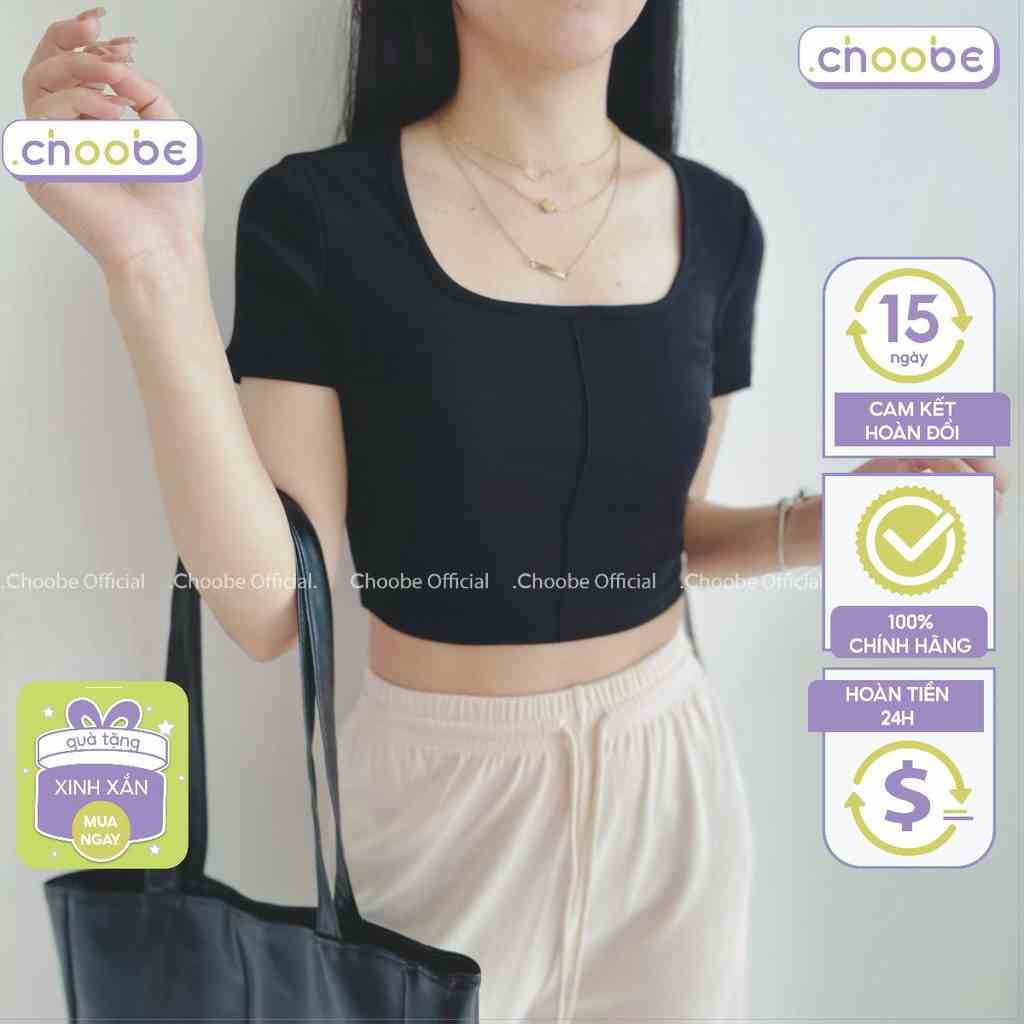 Áo croptop Choobe cổ vuông gân giữa vải cotton co giãn tốt ba lỗ nữ cộc tay body thun ôm A88