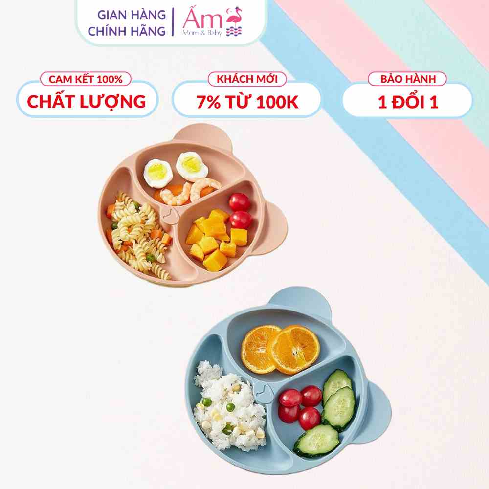 Khay Silicon Gấu Ấm Baby 3 Ngăn Có Đế Hút Chân Không Ấm Gift Decor