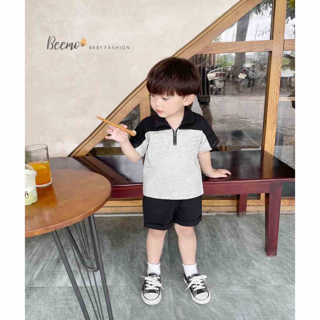 Set bộ quần áo Beemo cổ polo khoá kéo vai phối màu, mặc hè, vải cotton mềm mịn, thấm hút mồ hôi cho bé 1 - 7 tuổi 23148B