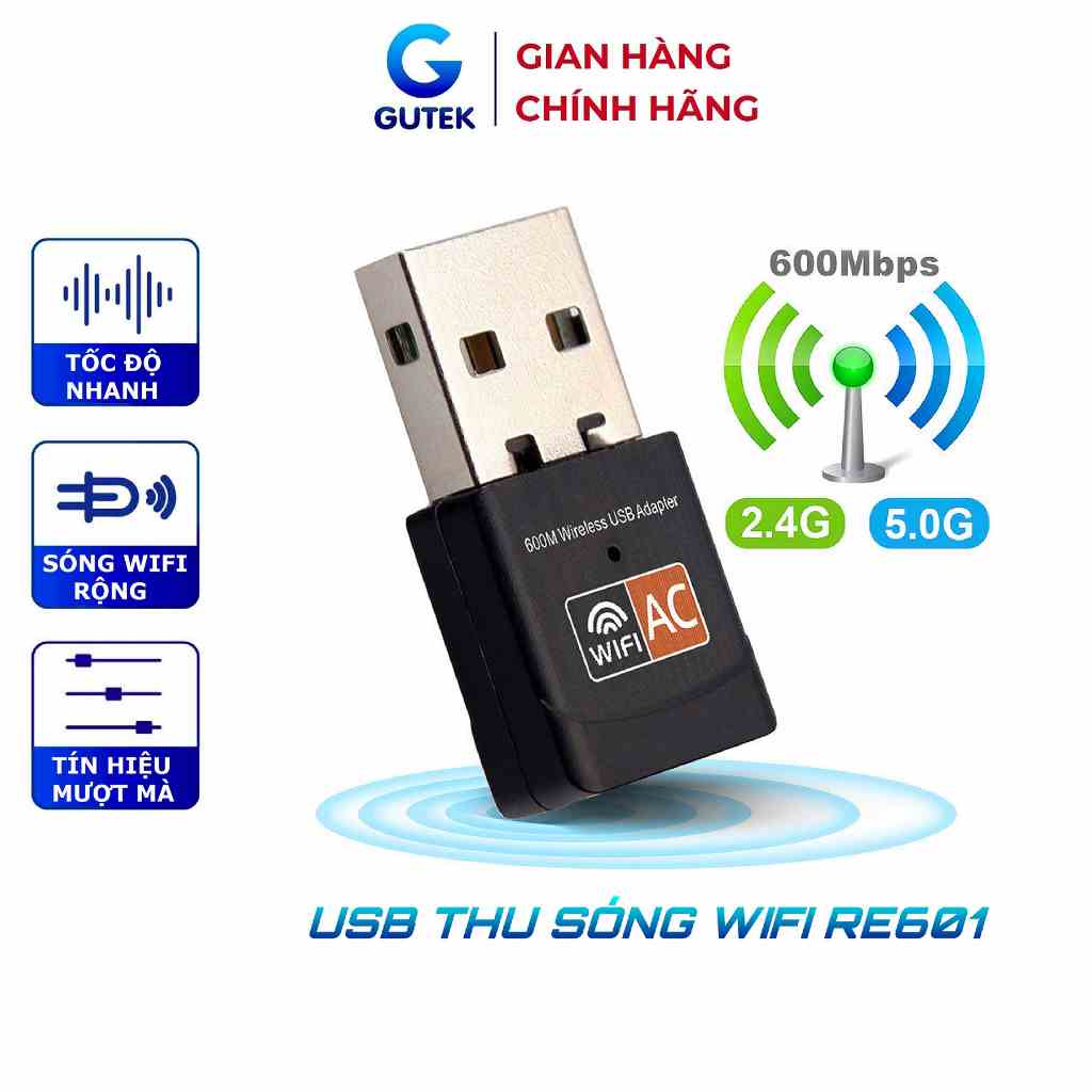 USB thu sóng wifi Gutek RE601 600mbps tần số 2.4G 5G cho máy tính pc laptop tốc độ nhanh tín hiệu mượt