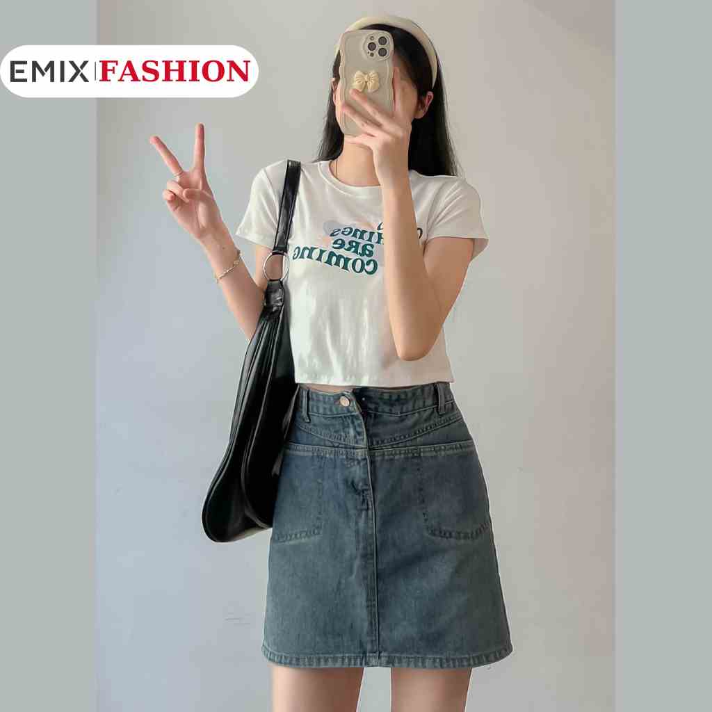 [Mã BMLTB35 giảm đến 35K đơn 99K] Áo thun dáng lỡ good thing EMIX, croptop cộc tay, chất cotton, cổ tròn, size dưới 53kg