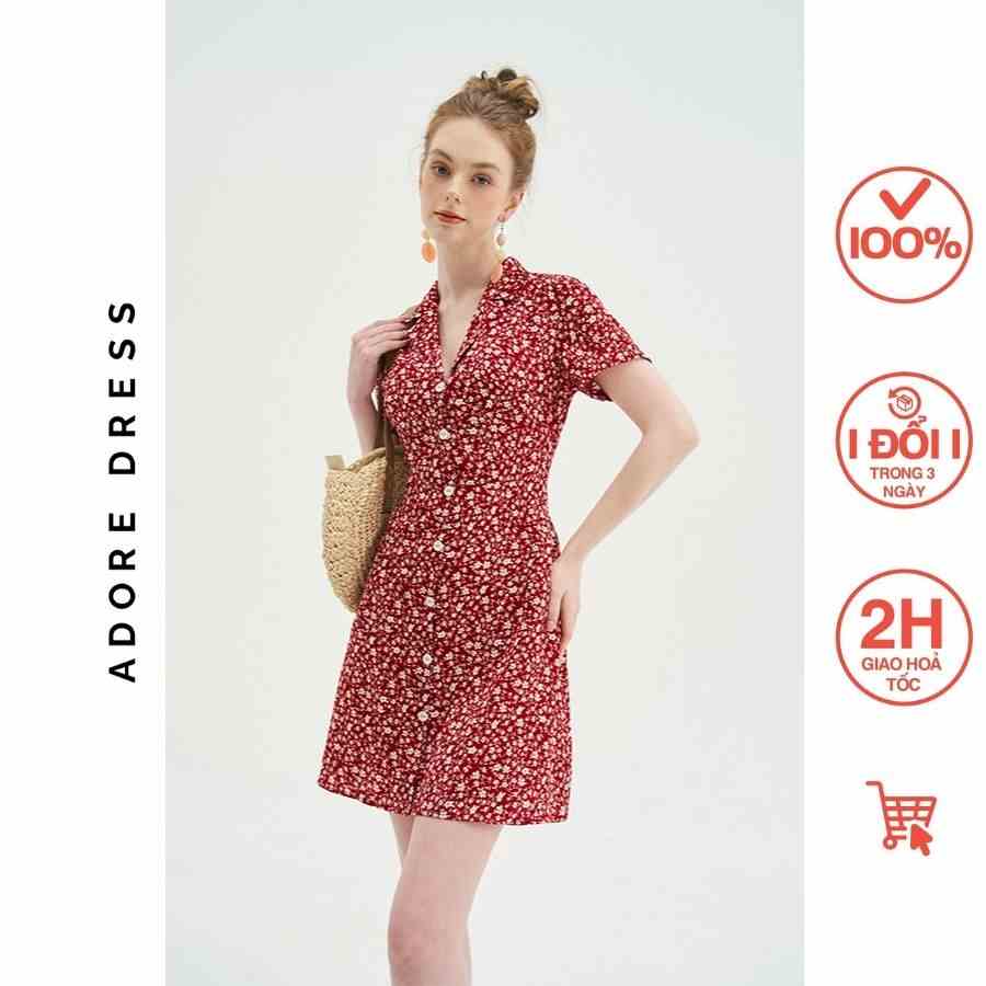 Đầm Mini dresses casual style lụa hoa nhí đỏ khuy bọc 311DR1034 ADORE DRESS