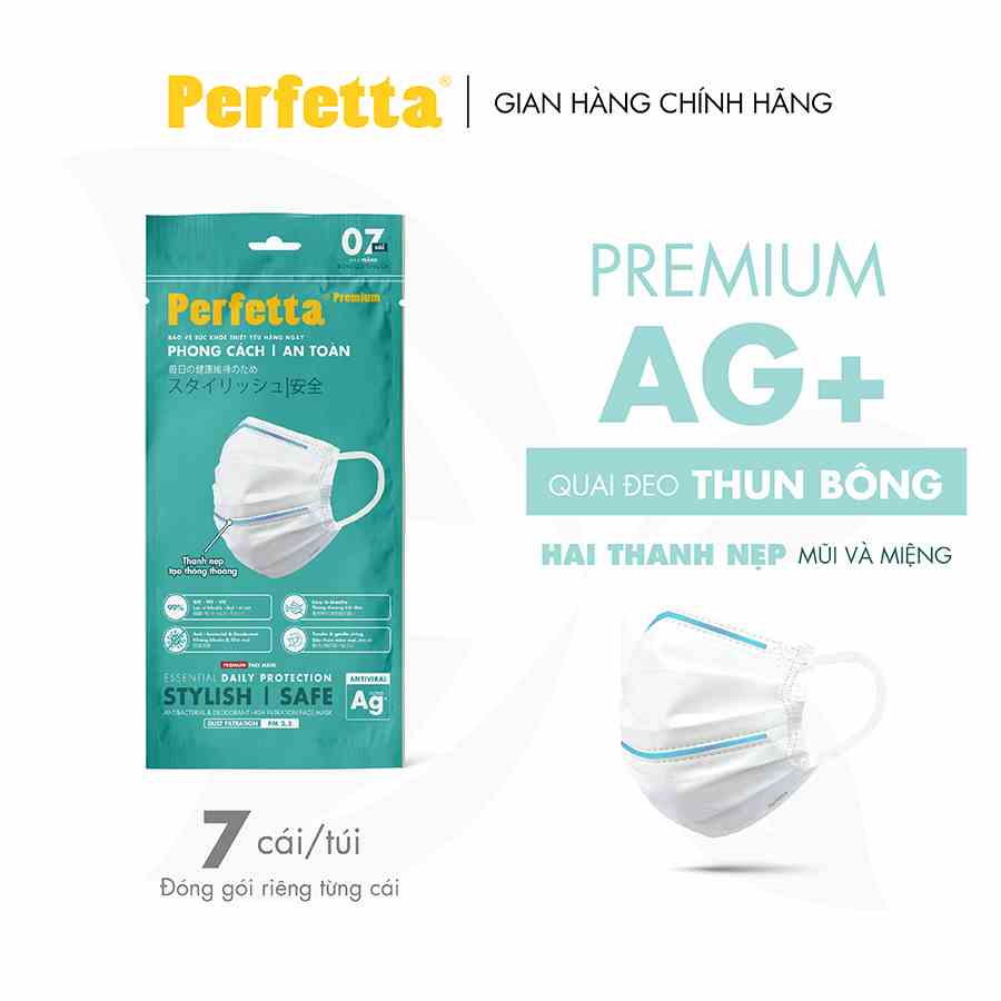 Gói Khẩu Trang Y Tế Cao Cấp Chuẩn Nhật Perfetta Premium AG+, 2 Thanh Nẹp Thông Thoáng (7 cái/gói)