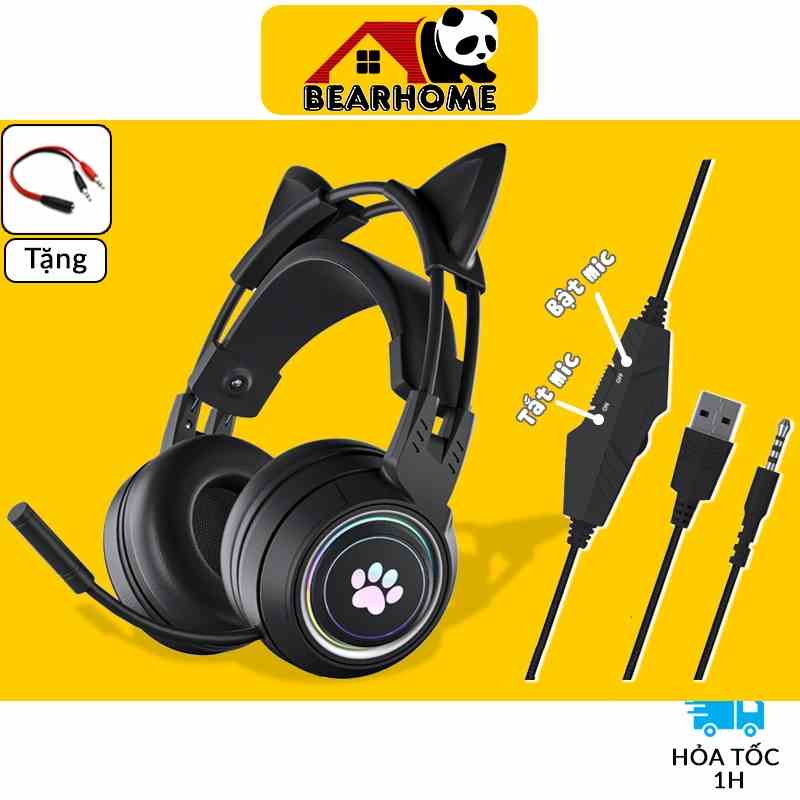 Tai nghe có dây chụp tai gaming có mic tai nghe mèo chơi game pubg, học online âm thanh Hifi nghe rõ bước chân Bh 12th