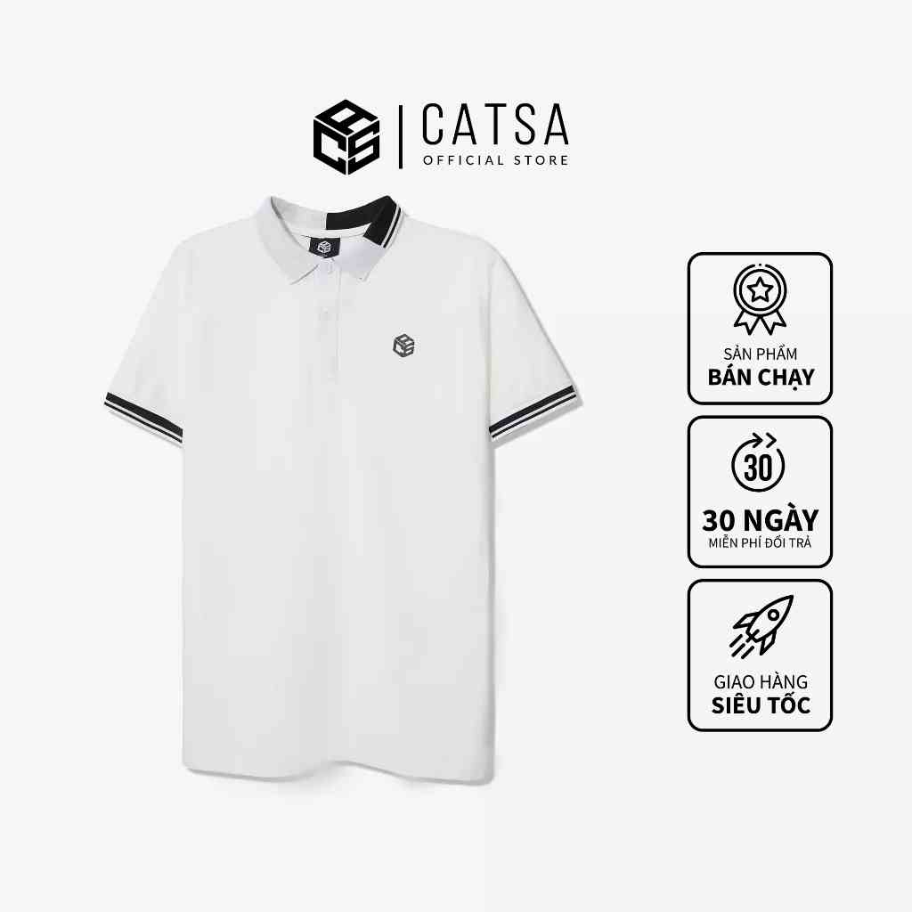 Áo thun polo nam trắng phối cổ bo logo CATSA thun cotton mềm mại, thoáng mát ATP272