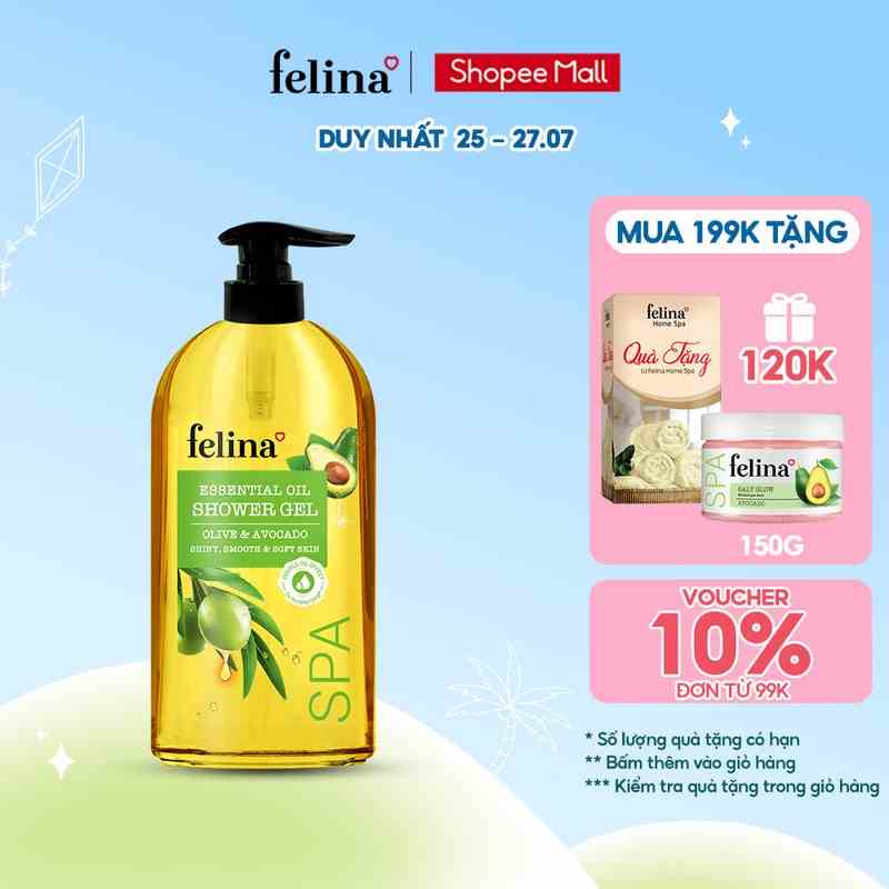 Sữa tắm tinh dầu Felina Home Spa 800ml dạng gel, tinh dầu Oliu & Bơ Tây Ban Nha dưỡng ẩm, da mềm mịn căng mướt gấp 2 lần