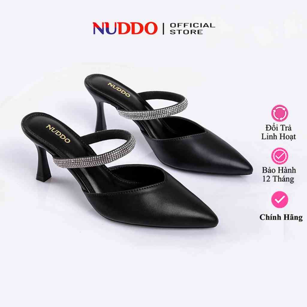 Giày Sục Nữ Mũi Nhọn 7 Phân, Guốc Sandal Cao Gót 7cm Hở Gót Phối Dây Đá Sang Trọng NUDDO NS09