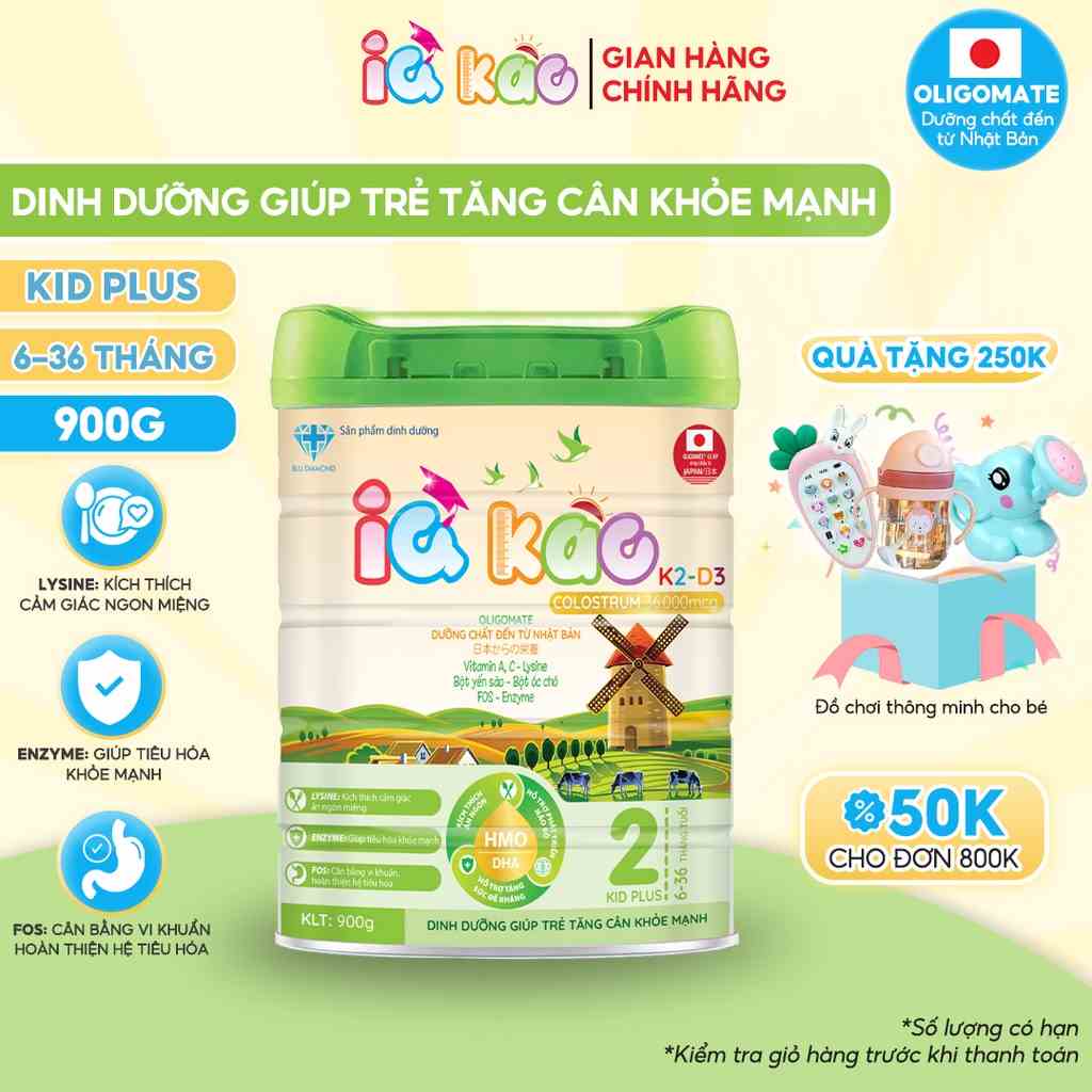 Sữa bột IQ KAO KID PLUS giúp trẻ ăn ngon tiêu hóa tốt tăng cân khỏe mạnh tăng sức đề kháng hộp 900g