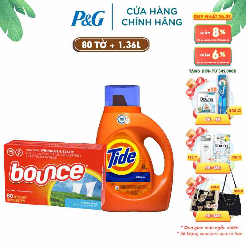 Bộ đôi Nước giặt Tide Original truyền thống 1.36 L và Giấy sấy thơm quần áo Bounce 80 tờ