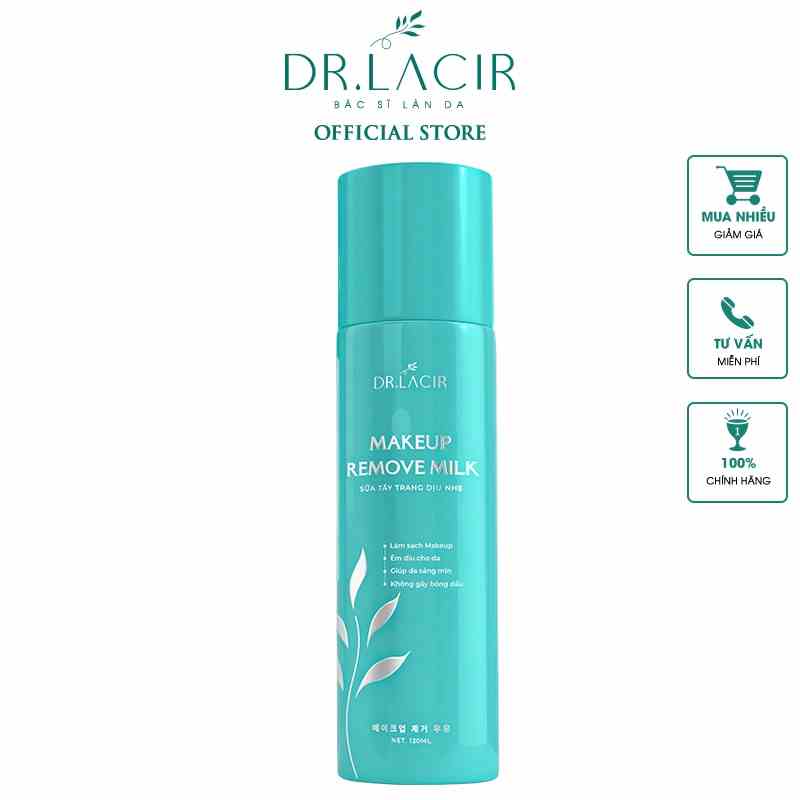 Combo sữa tẩy trang dịu nhẹ makeup remove milk DR.LACIR Chai 120ml và bông tẩy trang cosmetic cotton DR.LACIR 222 mếng