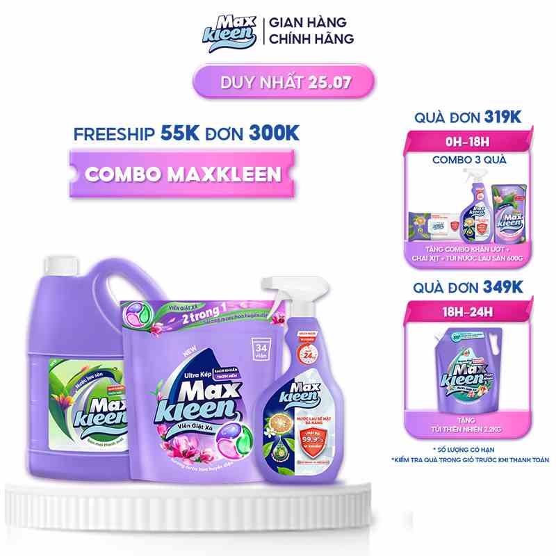 Combo MaxKleen: Chai Lau Sàn 3.6kg Ban Mai Thanh Mát + Túi Viên Giặt Xả Mới + Nước Lau Bề Mặt Đa Năng