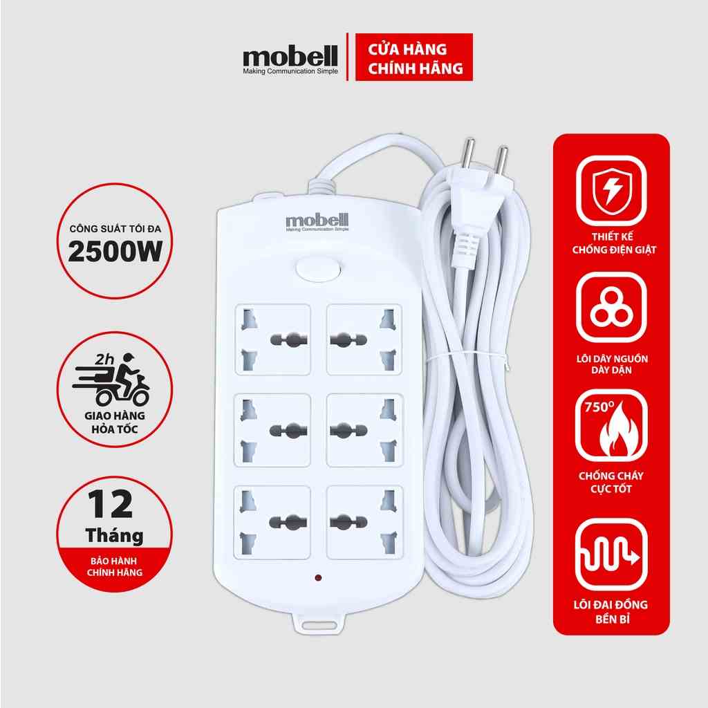 Ổ Cắm Điện  Mobell  6 Lỗ Cắm Có Công Tắc Có Náp Che An Toàn Chịu Tải 2500W Dây 3/5m mã CX1306U0-OL